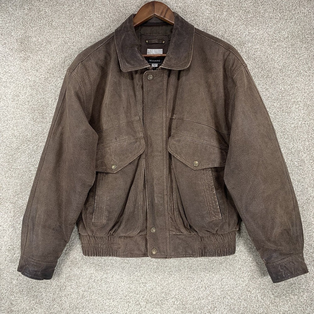 VTG American Weekend Leather Bomber‎ Flight Jacket Pockets Sz S Brown *wear*